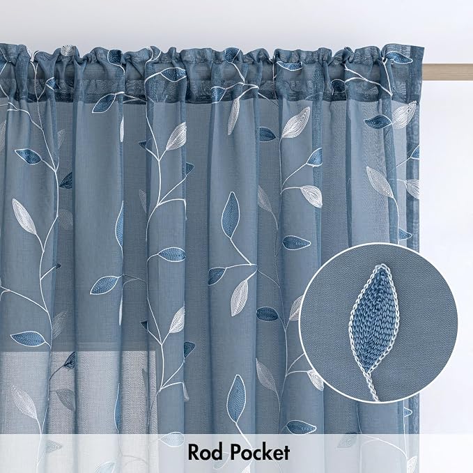 MIULEE Stone Blue Sheer Curtains 2 Panels Embroidered Leaf Patterned Rod Pocket Floral Semi Sheer Faux Linen Window Curtains Drapes Set for Living Room Bedroom Dining Room, 52x84 Inches Long