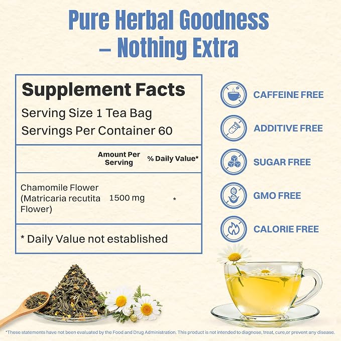 Hiihone Chamomile Tea Bags 60 Count – Pure Chamomile Herbal Tea, Caffeine-Free, Supports Relaxation & Stress Relief, Premium Floral Chamomile, Non-GMO Natural Herbal Tea