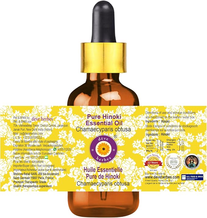 dève herbes Hinoki Essential Oil (Chamaecyparis obtusa) with Glass Dropper | Pure | Non-Sticky | Non-Greasy | Lightweight | Men & Women | All Skin Types | Steam Distilled 5ml (0.16 oz)