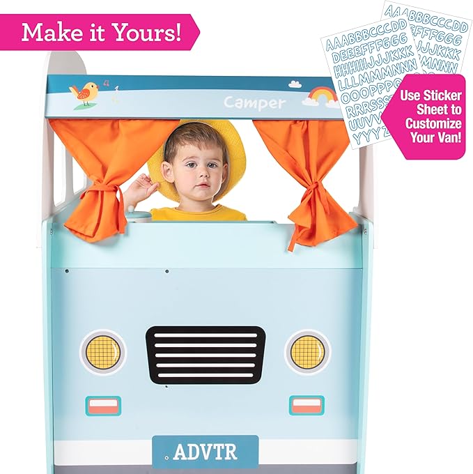 Wooden Play Camper Van Toy Playset w Steering Wheel, Kitchen, Stove, Oven, Bed, Pillow, Pretend Shower, Curtains, Personalization Stickers- Indoor Retro Car Camping, Travel RV Adventure- Ages 3+ Gift