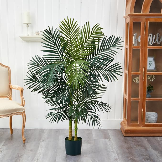 Nearly Natural 5 ft Artificial Golden Cane Palm Tree with Nursery Pot | Double-Stalk Faux Tropical Plant, Indoor Living Room Decor, Easy-Setup, Low-Maintenance