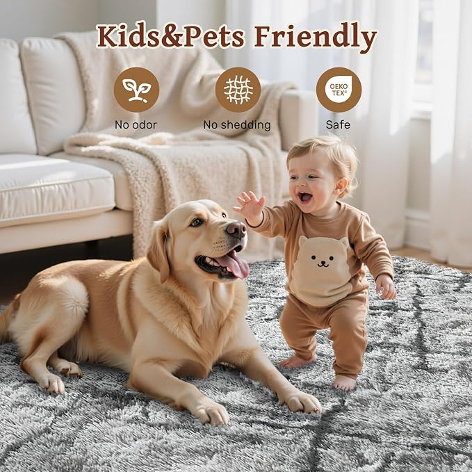 Area Rugs for Living Room 8x10Ft, Soft Fluffy Shagg Plush Bedroom Rug Non-Slip,Large Carpet for Nursery Kids Dorm Home Decor, Grey