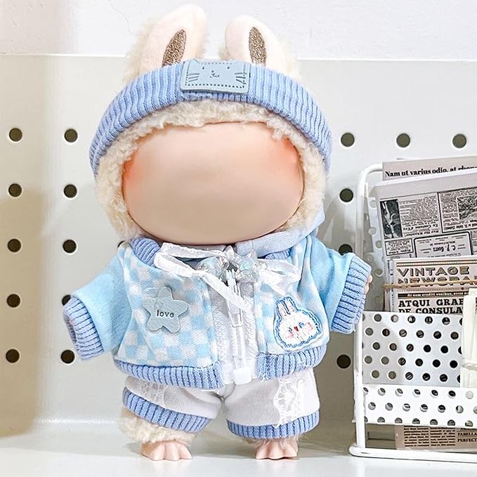 Clothes Fit for 17CM Doll, Fashion Doll Clothes Outfit Set Cute Theme Designer Toys Dress Accessories for Collector Fans Display (Light Blue Grid)