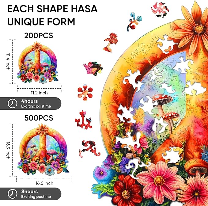 Ixfyloop Flower Wooden Puzzles for Adults, Peace Symbol Jigsaw Puzzles, Unique Shape Adult Puzzles 200pcs, Wood Puzzles Gift for Adults and Kids Family Brain Games 11.2x11.4 inch