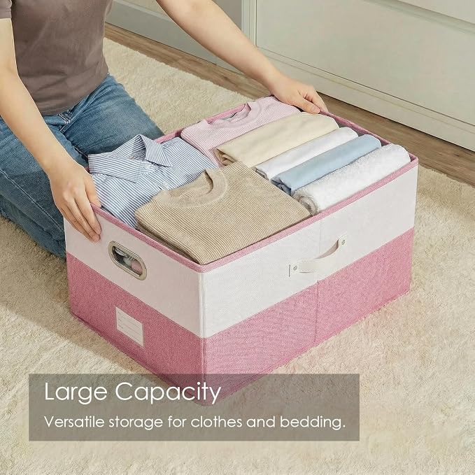Storage Bins with Lids [3-Pack] Linen Fabric Foldable Storage Boxes Organizer Containers Baskets Cube with Cover for Bedroom Closet Office White&Pink (23.4X15.9X11.4)