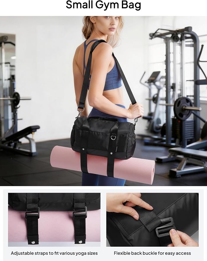 TOPEAST Small Gym Bag for Women, Mini Sports Yoga Bag Gym Tote Bag with Yoga Mat Holder, Small Sports Duffle Bag with Water Bottle Pocket & Wet Pocket for Travel Dance Workout, Black