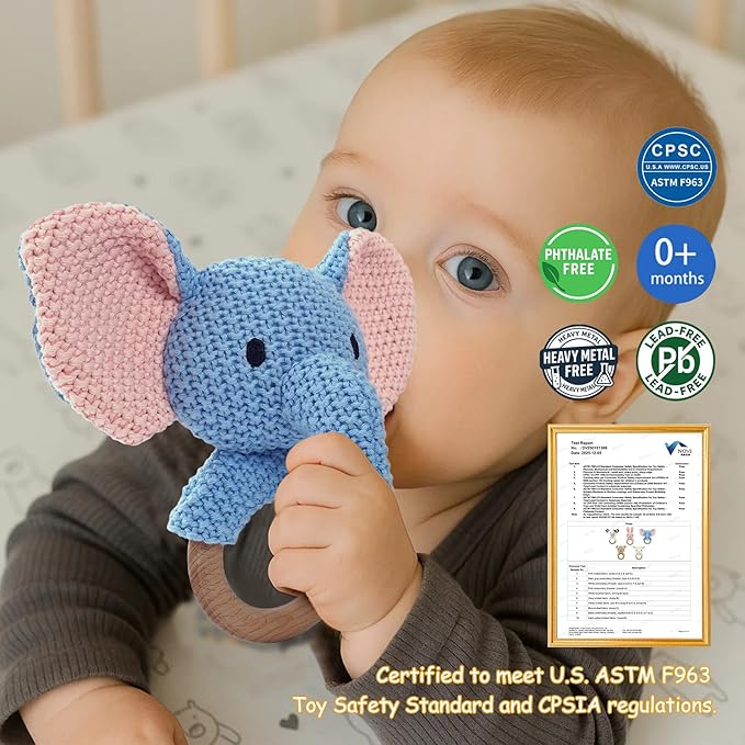 Elephant Baby Rattle Teething Ring Cute Jungle Animal Sensory Toy for Baby Boys Girls 0-3 Months Knitted Crochet Plush Stuffed Texture Montessori Grasping Shaker Stroller Travel Gift