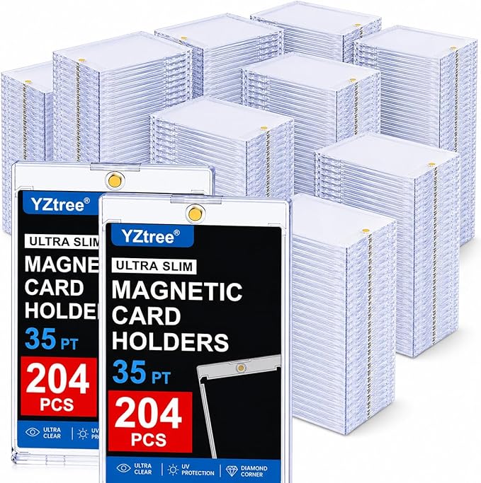 204ct Magnetic Trading Card Holders: 35pt One Touch Card Holder, U-V Protection Hard Plastic 35 PT Magnetic Cards Case for Sports Game, Football, Baseball Cards - Ultra Slim