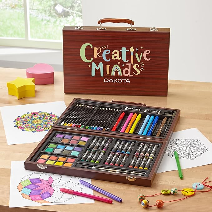 Let's Make Memories Personalized 80-Piece Deluxe Art Set - for Kids - Wood Carrying Case - Oil Crayons, Colored Pencils, Watercolors - Arts & Crafts - Palette Design - Add Name - Creative Minds