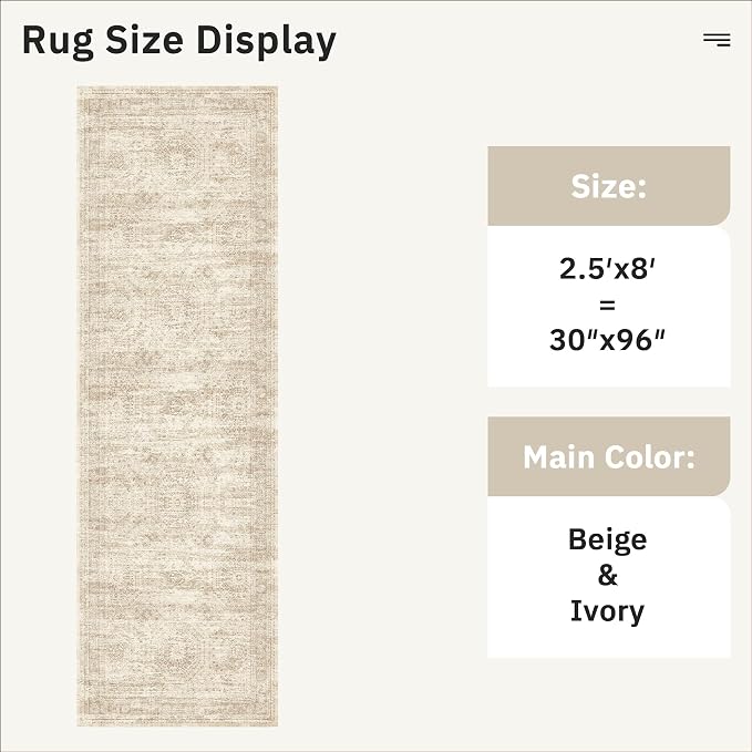 Soalmost Washable Runner Rug 2'6"x8' Kitchen Hallway Runners Beige | Soft Non-Slip 2.5x8ft Carpet for Entryway Bathroom, Low Pile Vintage Foldable Floor Mat for Corridor Laundry Room Bedroom