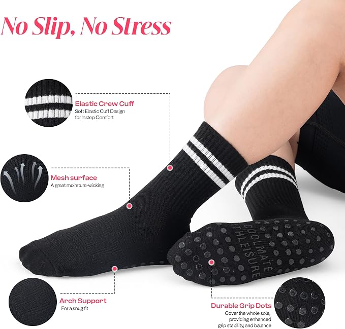 COOLMATE Pilates Socks with Grips for Women, Yoga Socks, Crew Non Slip Women for Barre, Pilates Gifts for Women