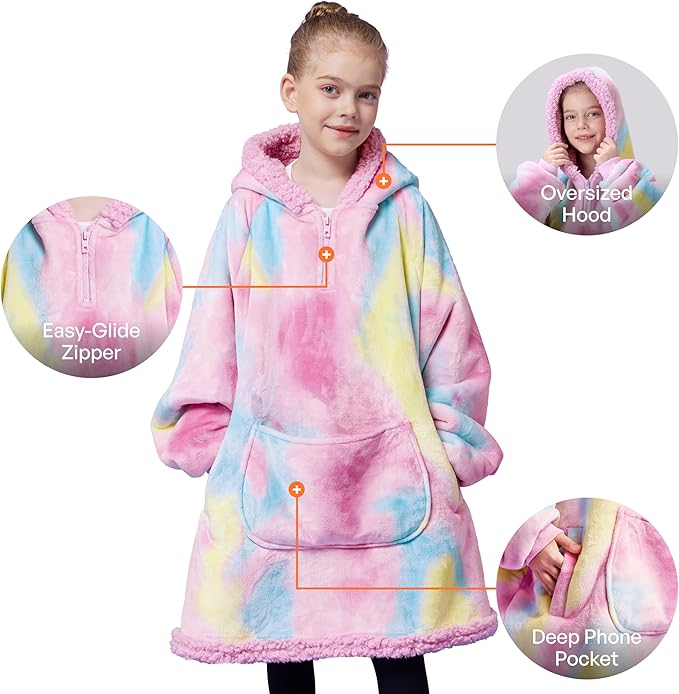 Giggling Getup Wearable Blanket Hoodie for Girls and Boys Warm Cozy Sherpa Fleece Hooded Blanket Sweatshirt Oversized Hoodie with Giant Pocket & Sleeves for Kids Cotton Candy Tie Dye