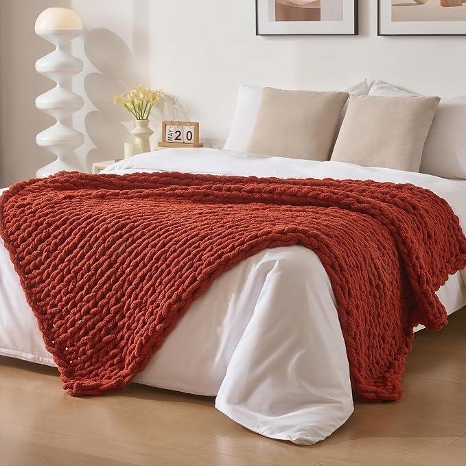Bigacogo Chunky Knit Throw Blanket for Couch, 51x63 inches, Rust Red | Hand Knit with Jumbo Chenille, Soft Breathable Cable Knit for Sofa Bed Living Room, Machine Washable, Gift for Mom Friend
