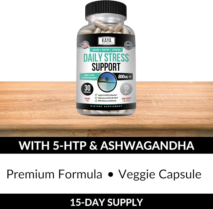 Kaya Naturals - Natural Herbal Stress Relief Support Vitamin Supplement to Relax and Calm The Mind - Boost Mood - Happy Pills - Anxiousness Support - 30 Capsules (Pack of 2)