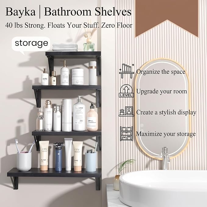 BAYKA Wall Mounted Floating Bathroom Shelves, Wood Wall Shelf for Bathroom Essentials & Decor, Space-Saving Display & Organizer (Black, Set of 4)