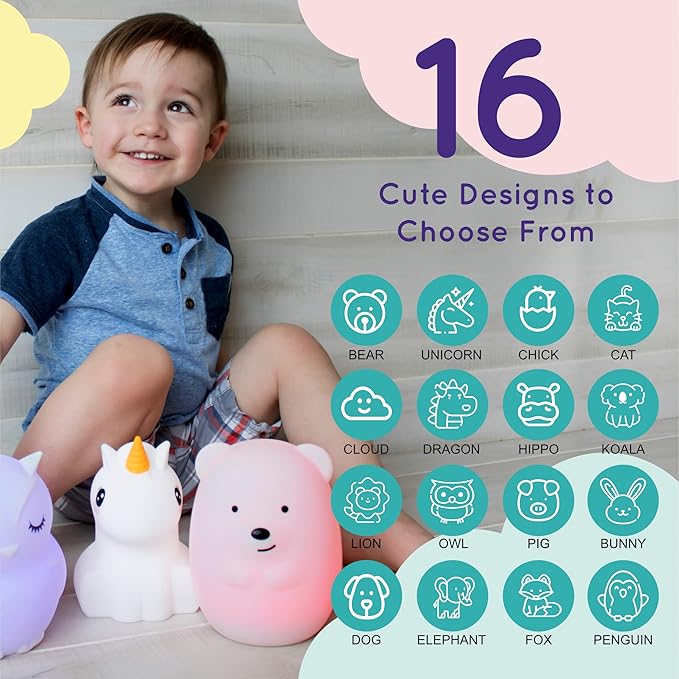 Lumipets Clive The Cat Squishy Silicone Night Light for Kids | Cute Night Light with Remote & Touch Control for Baby & Toddler Bedrooms | Color Changing Portable Animal Nightlight | Kids Mood Lamp