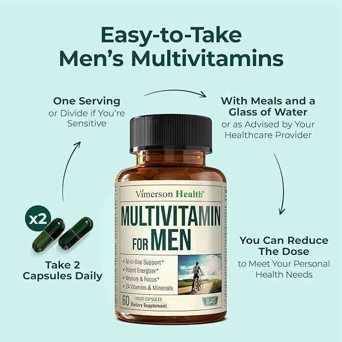 Multivitamin for Men with Bioavailable Vitamins, Minerals, Vitamin D, B12, C, A & Zinc for Energy, Focus and Immune Health – Premium Mens Multivitamins & Multiminerals – 60 Liquid Caps