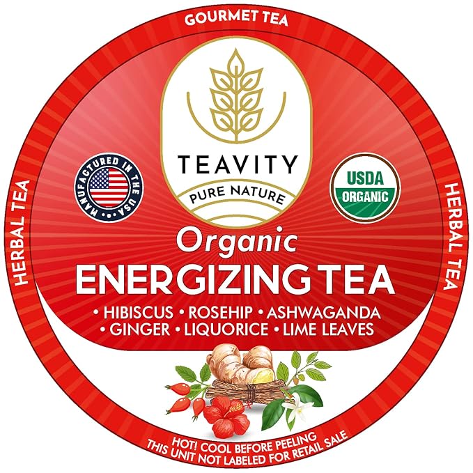 Organic Ashwagandha Tea Pods for Keurig with Ginger, Licorice, Organic Hibiscus Sabdariffa, Rosehip, & Lime - Decaf Herbal Tea - Energizing Tea by Teavity (12 Tea Pods)