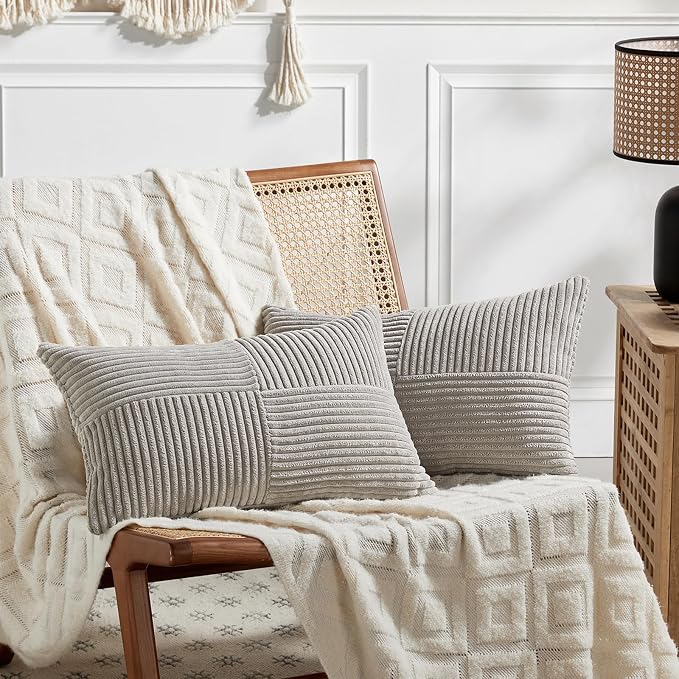 Fancy Homi 2 Packs Neutral Grey Long Lumbar Decorative Throw Pillow Covers 16x24 Inch for Couch Bed Sofa, Rustic Farmhouse Boho Home Decor, Soft Striped Corduroy Rectangle Accent Cushion Case 40x60 cm