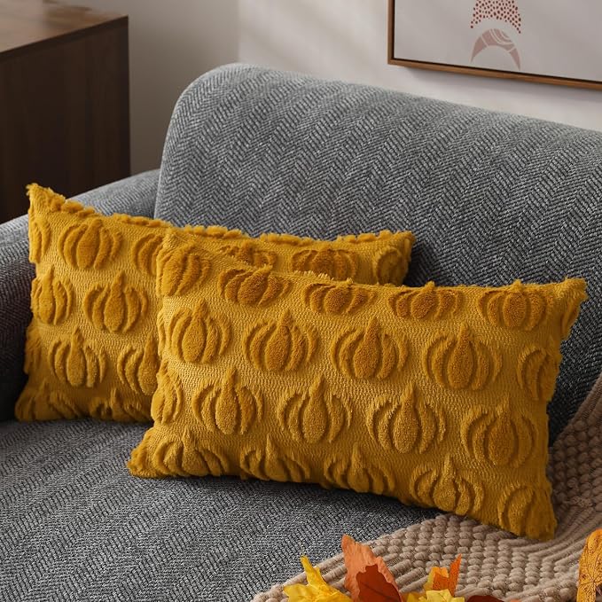 DFXSZ Fall Pillow Covers 12x20 2Pcs Yellow Pumpkin Fall Decoration for Home | Fall decor Set of 2 Throw Pillow Cases Soft Plush Faux Fur Wool Couch Cushion for Chair Sofa Bedroom Living Room Home Decor
