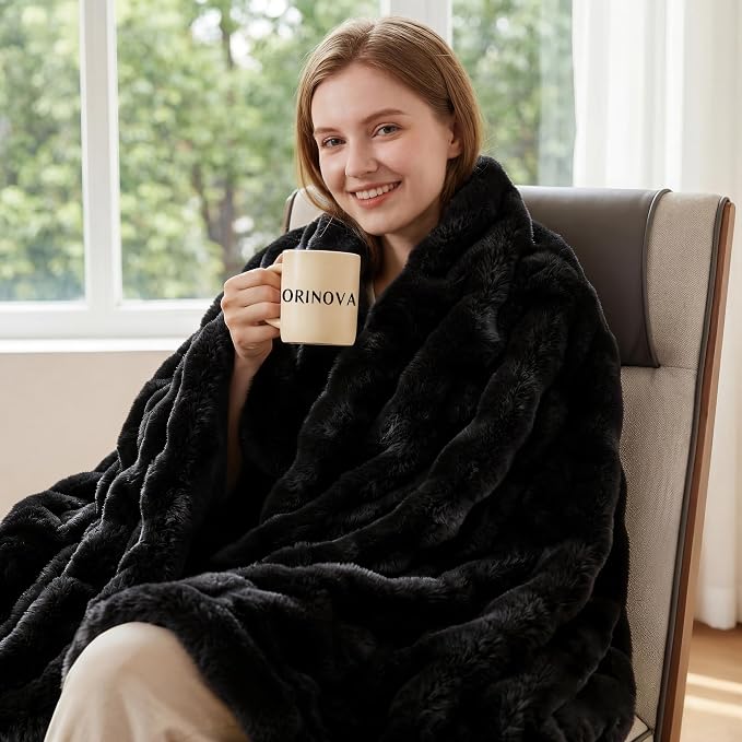 ORINOVA Faux Fur Black Thick Soft Throw Blanket 60X80 for Bed Couch Gift Office Chair Bunny Faux Rabbit Fur Blanket Decorative Warm Throw Blanket 860 GSM