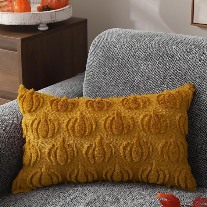 DFXSZ Fall Pillow Covers 12x20 2Pcs Yellow Pumpkin Fall Decoration for Home | Fall decor Set of 2 Throw Pillow Cases Soft Plush Faux Fur Wool Couch Cushion for Chair Sofa Bedroom Living Room Home Decor