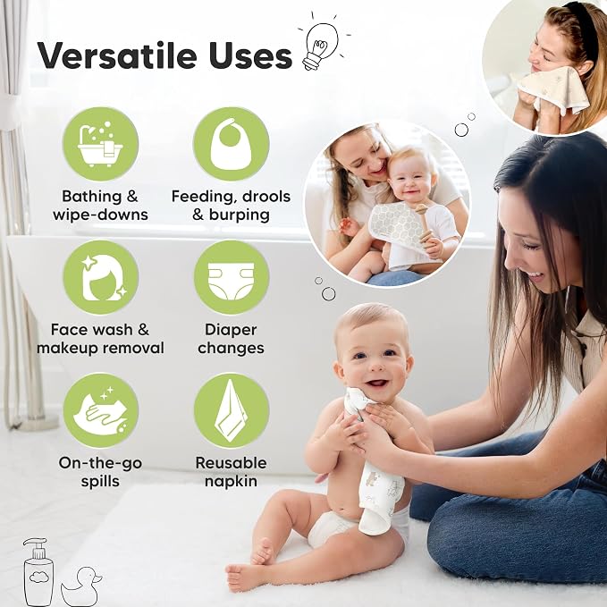 6-Pack Cotton Baby Washcloths for Newborn - Organic Cotton Muslin Soft Wash Cloths for Babies, Infant, Kids,Toddler Towels for Boy,Girl,Super Absorbent Face Cloths,Scratch-Free Baby Rags (Bumbly)