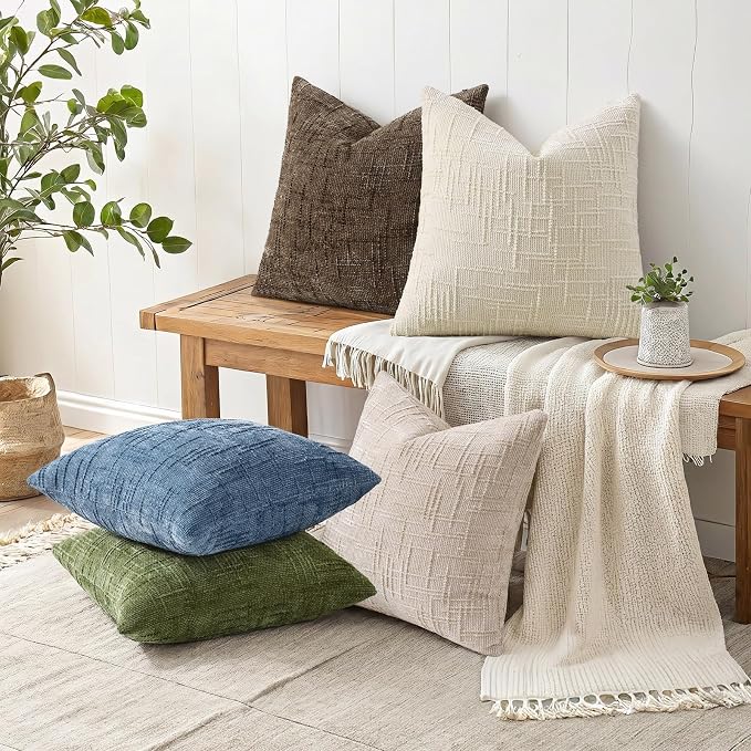 decorUhome Textured Chenille Throw Pillow Covers 18x18 Set of 2 Olive Green | Fall Modern Farmhouse Soft Cozy Slubby Couch Pillow Cases Boho Decorative Pillow Cases for Bed Sofa Living Room Home Decor