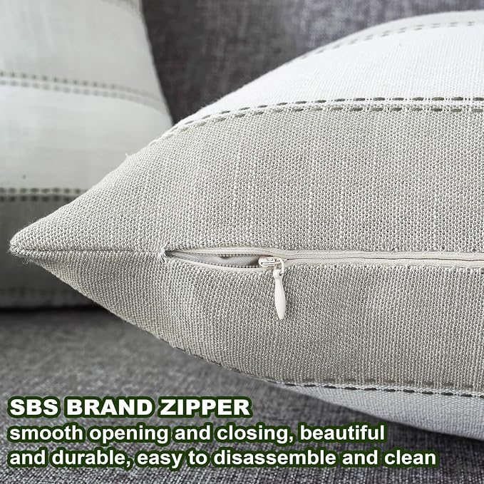 Pack of 2 Farmhouse Stripe Check Throw Pillow Covers Set Case Cotton Linen Decorative Pillowcases Cushion Cover for Couch Bench Sofa 26x26Inch Light Grey Beige