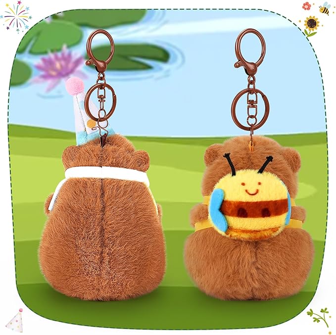 Achwishap 2PCS Capybara Plush Keychain,Cute Keychain Capybara Stuffed Animal,Soft Capybara Plush Toys Key Chain,Kawaii Plushie Stuffed Toys for Kids Adults(Bee Backpack,Birthday Capybara)