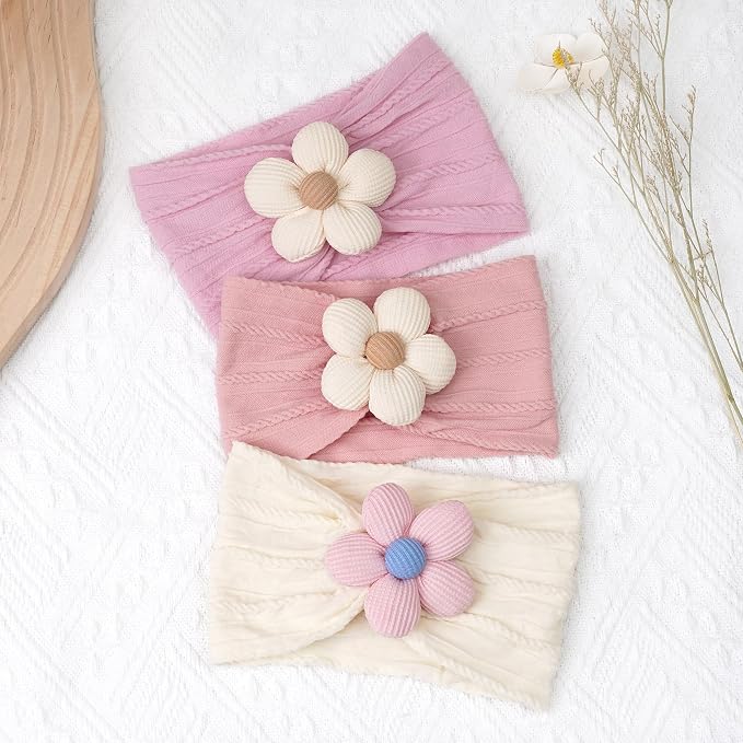 CÉLLOT 3 Pcs Baby Girl Headbands with Flower Nylon Headbands Soft Stretchy Headwear Hair Accessories for Newborn Infant Toddler Kids (Pink Beige Salmon)