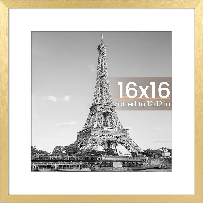 upsimples 16x16 Picture Frame, Display Pictures 12x12 with Mat or 16 x 16 Without, Wall Hanging Square Frames, Gold, 1 Pack