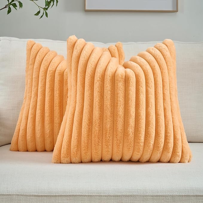 FUTEI Pack of 2 Faux Fur Throw Pillow Covers 22x22 Inch, Orange | Fluffy Faux Rabbit Fur Front/Premium Velvet Back,Hidden Zipper,Machine Washable,Non-Shedding,Colorfast,Insert Not Included.