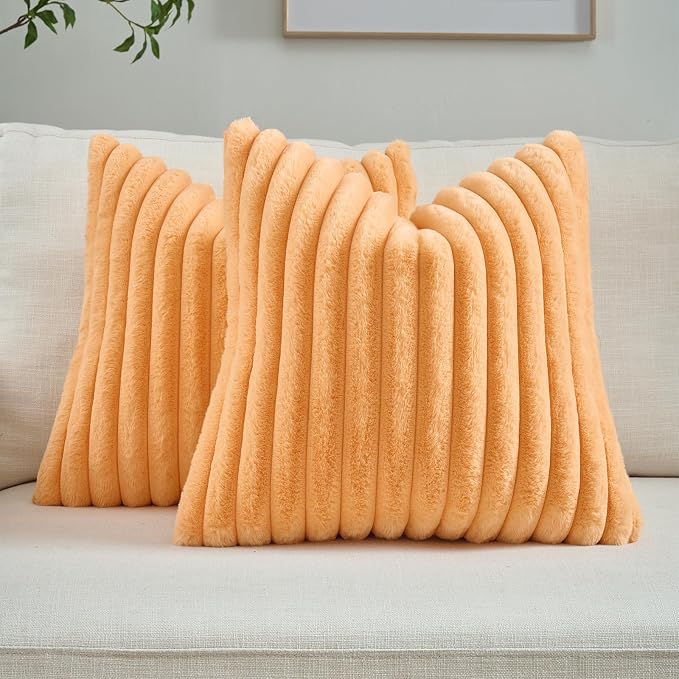 FUTEI Pack of 2 Faux Fur Throw Pillow Covers 26x26 Inch, Orange | Fluffy Faux Rabbit Fur Front/Premium Velvet Back,Hidden Zipper,Machine Washable,Non-Shedding,Colorfast,Insert Not Included.