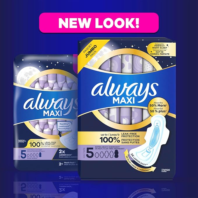 Always Maxi Feminine Pads For Women, Size 5 Extra Heavy Overnight Absorbency, With Wings, Unscented, Pack Of 20