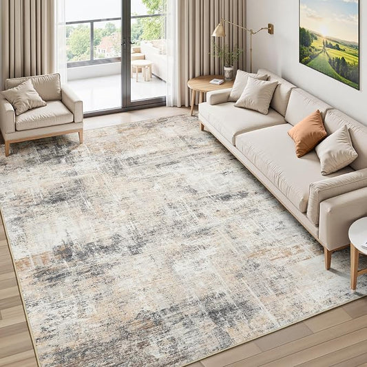 6x9 Area Rug for Living Room, Abstract Washable Non-Slip Carpet, Gold | Soft Neutral Rug for Bedroom, Dining Room, Home Office Nursery Indoor, Stain Resistant, Low Pile, Foldable Modern Rug