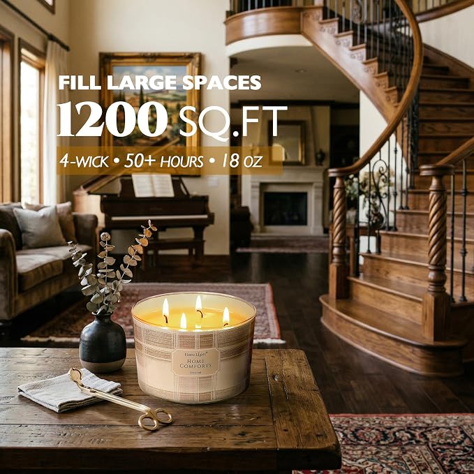 HomeLights Home Comforts Scented Candles | 18oz Soy Candles Rustic Modern 4-Wick Large Candle Jars | Ideal Candle Gifts for Events, Home Decor Stress, Relief & Relaxation