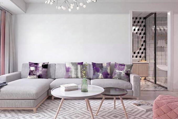 Purple Grey Abstract Throw Pillow Covers 18x18 Set of 4 | Lavender & Grey Modern‑Art Cushion Cases, neutral aesthetic pillowcases for sofa, bedroom & chair