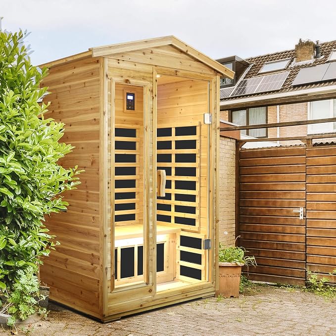 Upgraded Outdoor Sauna 902VSN Far Infrared Saunas, Outdoor Wooden Dry Sauna Low EMF Hemlock Wood (Upgraded Outdoor 2 Person)