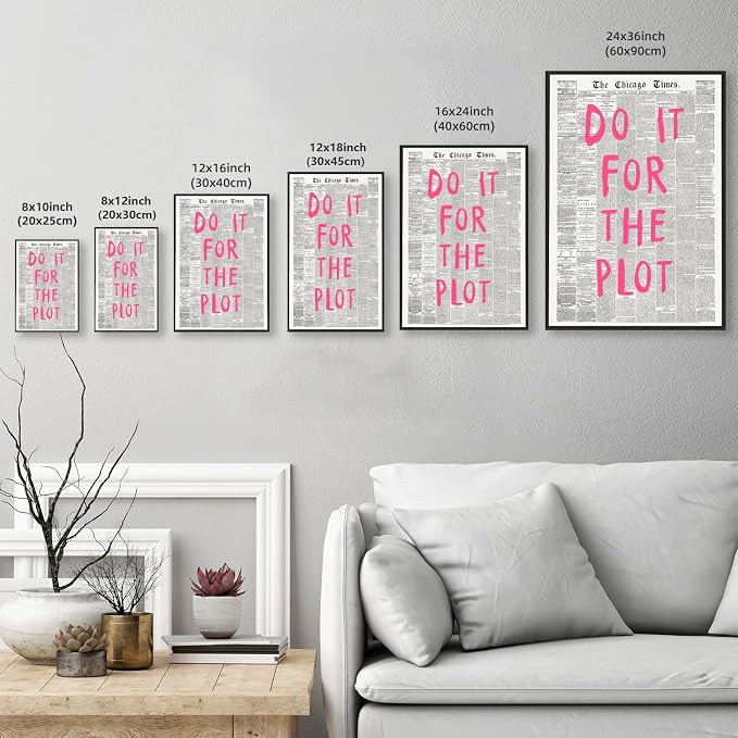 Do It For The Plot Vintage Newspaper Poster Retro Motivational Pink Wall Art Positive Daily Reminder Motivational Quote Print for Bedroom Office Home Decor Aesthetic 16x24inch Black Aluminum Frame