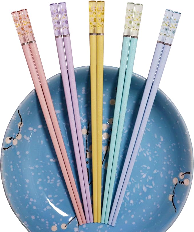 5 Pairs Amber Cherry Blossom Pattern Decoration Multicolor Fiberglass Chopsticks Japanese Korean Chopsticks Reusable Dishwasher Safe Yellow Pink Blue Green Purple