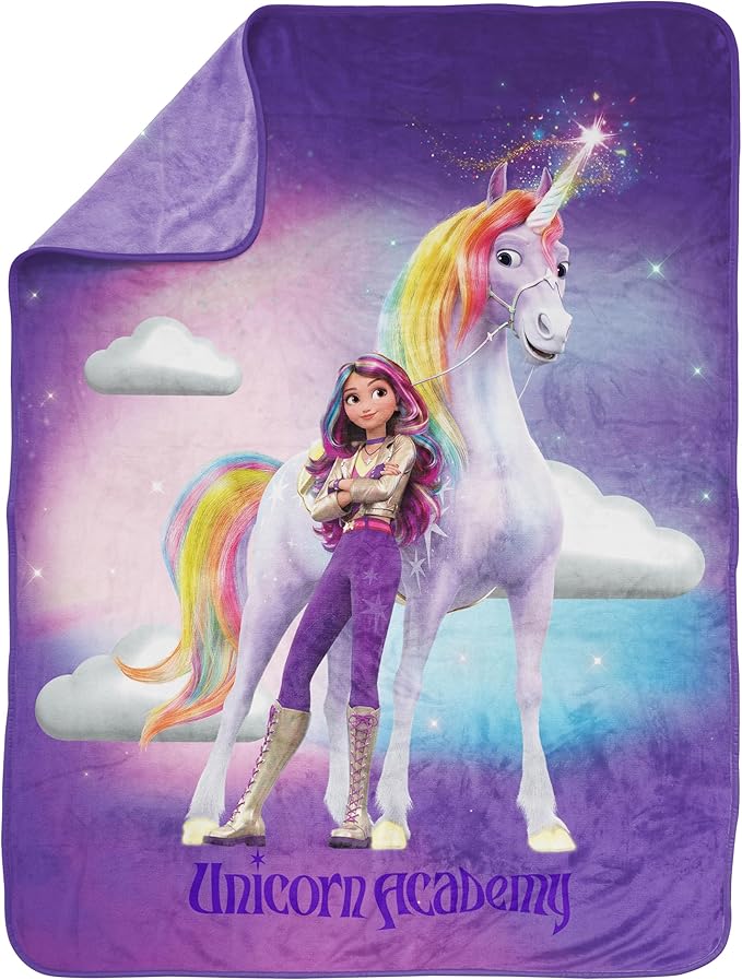 Jay Franco Plush Throw Blanket – 46" x 60" Inches Kids Hero Soft & Cozy Fleece Throw for Bedroom & Couch Décor, Official Licensed Product, Purple - Unicorn Academy