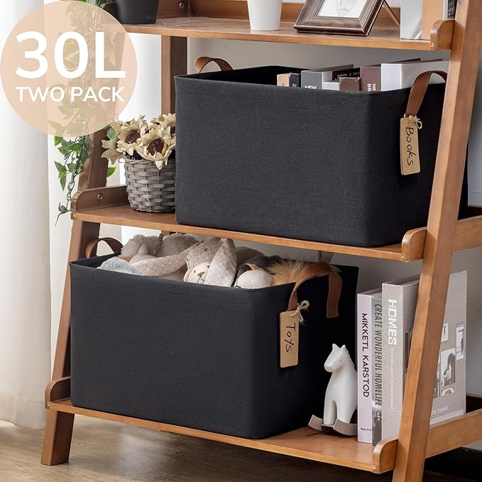 CHICVITA 30L Large Fabric Storage Baskets for Shelves, 2-Pack, Black | 16 ¾" L x 11" W x 9 ¾" H, Metal Frame, Leather Handles, Clothes, Toys & Towels Storage, Closet & Living Room Organization