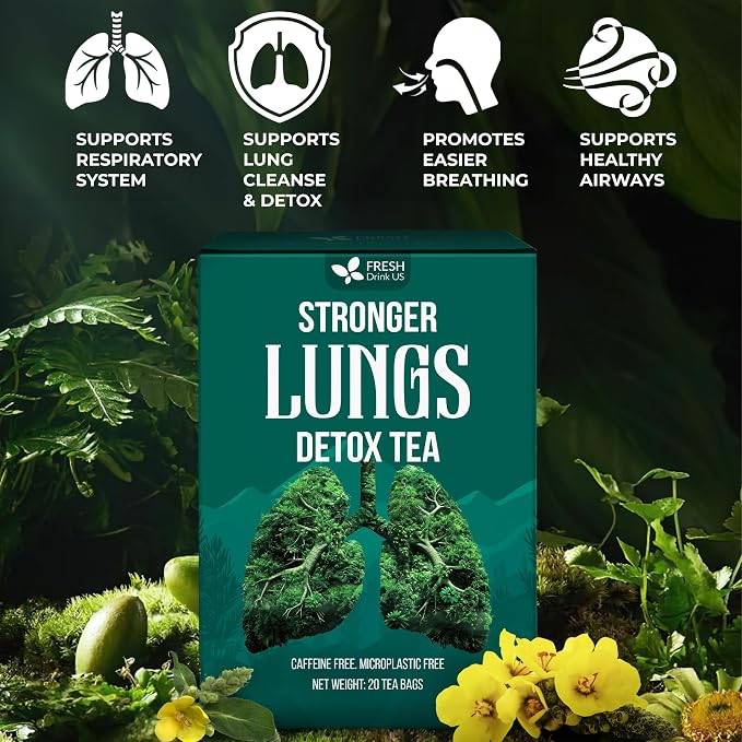 FreshDrinkUS, Premium Stronger Lung Detox Tea Bags for Smokers & Cleanse Support – Special Blend with Peppermint, Licorice Root, Ginger & Herbal Respiratory Blend – Natural Herbal Tea Support Breathing & Throat Comfort- Supports Lung Cleanse, Congestio...