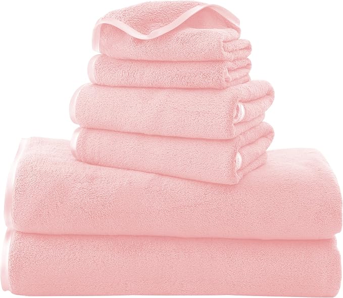 TENSTARS Luxury Silk Hemming Towel Set - Light Thin Quick Drying - 2 Bath Towels 2 Hand Towels 2 Washcloths - Ultra Soft Microfiber Towel for Bath Fitness, Sports, Yoga, Travel (Pink 6 Pieces)