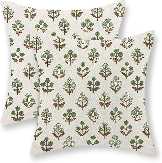 Farmhouse Floral Block Print Pillow Covers 18x18 Set of 2, Vintage Rustic Decorative Throw Pillows Modern Flower Cushion Covers for Sofa Couch Bed Living Room Home Decor, Sage Green Brown