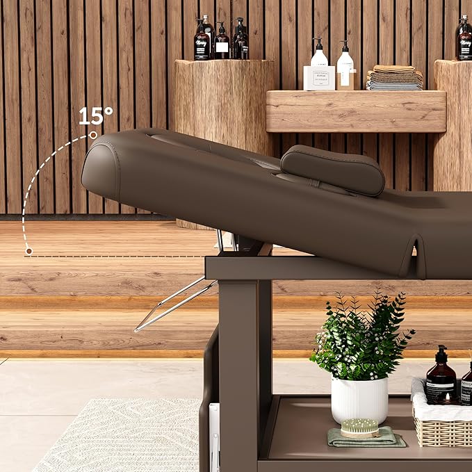 Extra Large 34''×80'' Folding Stationary Massage Table with Adjustable Backrest, Heavy-Duty Metal Frame PU Leather Treatment Bed for Spa, Physical Therapy, Tattoo, Facial & Medical Exam - Brown