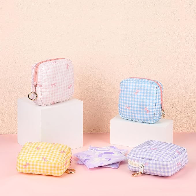 Period Bag for Teen Girls, Quilted Sanitary Napkin Storage Bag, Cute Bow Tie Menstrual Pad Pouch Tampon Holder (Plaid-Purple)