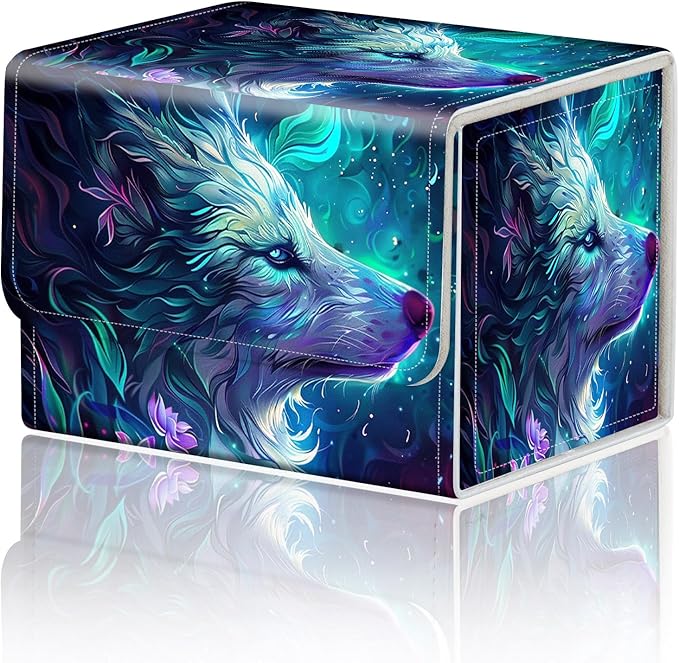 DEGDFSGRCard Game Storage Box for TCG MTG Commander Deck Box Organizer Trading Card CaseMagnetic Closure Creative Pattern Up to 200 Cards (Blue And Purple Glowing Wolf, 1 pack)