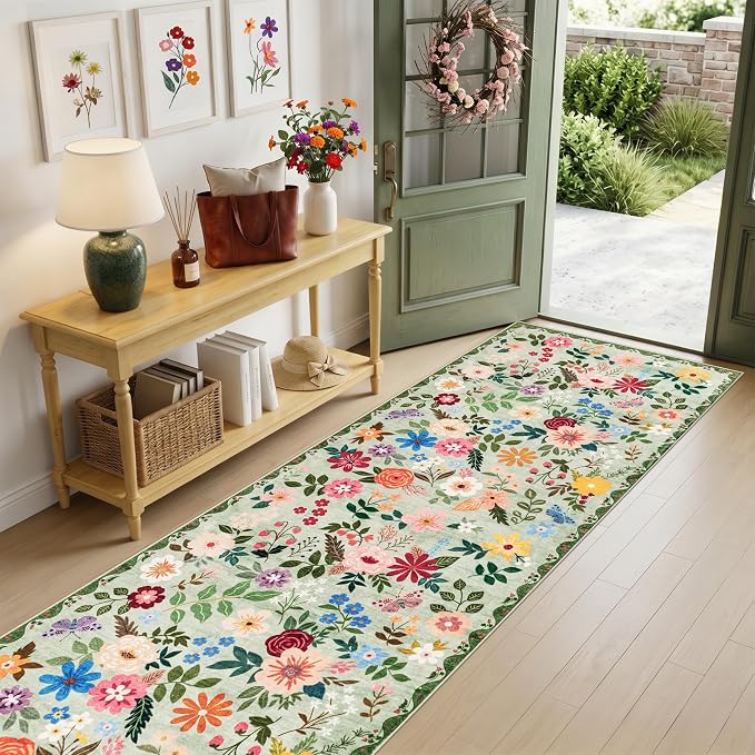 Runner Rug for Entryway: 3x10 Kitchen Rugs Non Slip Washable Ultra-Thin Soft Floral Carpet Indoor Floor Stain Resistant Carpets for Hallway Bedroom Kitchen Laundry Bathroom Dorm Green
